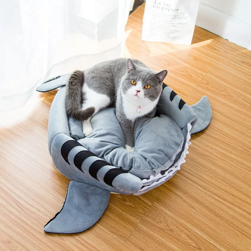 Grey shark-shaped pet bed for small dogs and cats with enclosed den design