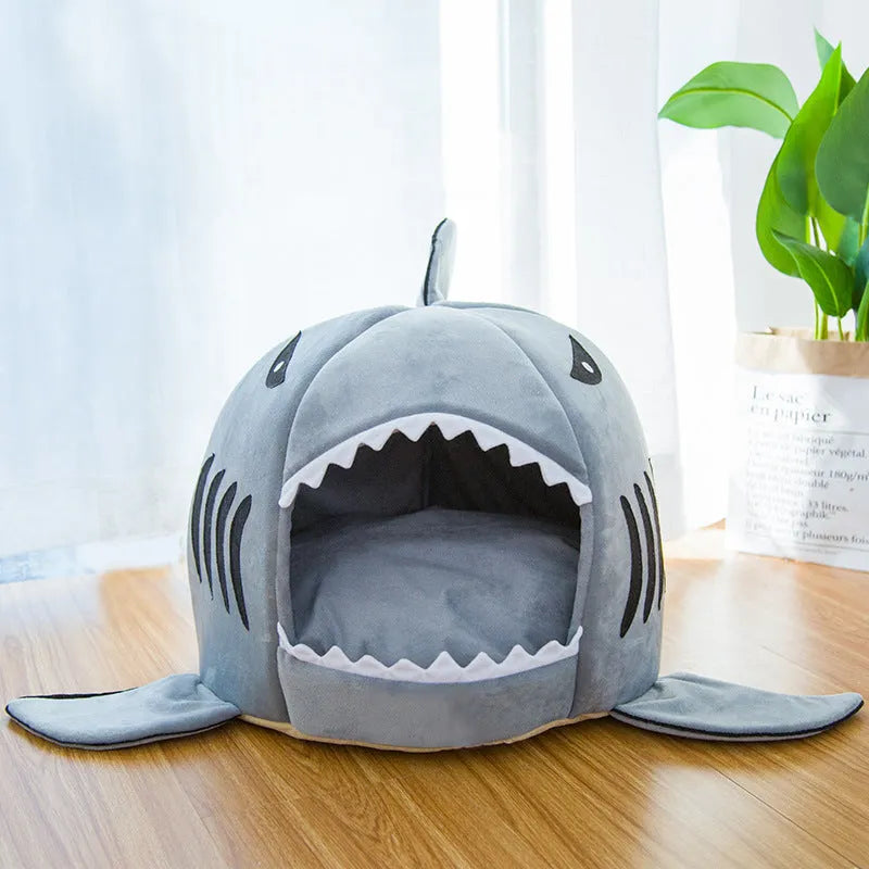 Grey shark-shaped pet bed for small dogs and cats with enclosed den design