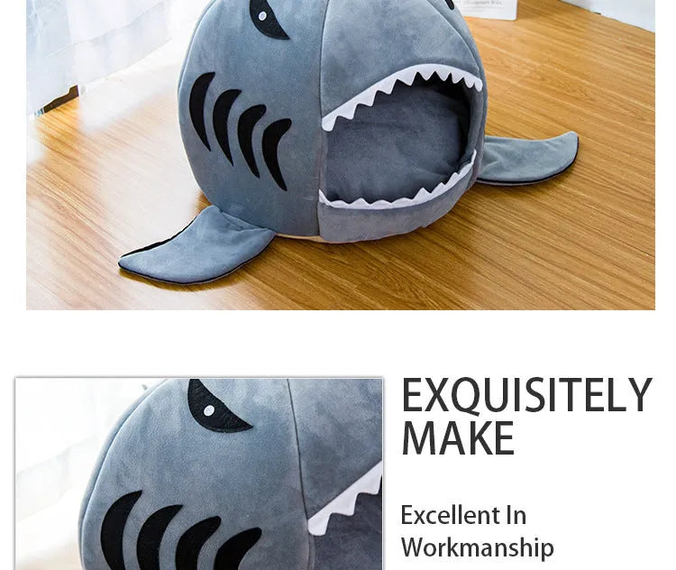 Grey shark-shaped pet bed for small dogs and cats with enclosed den design