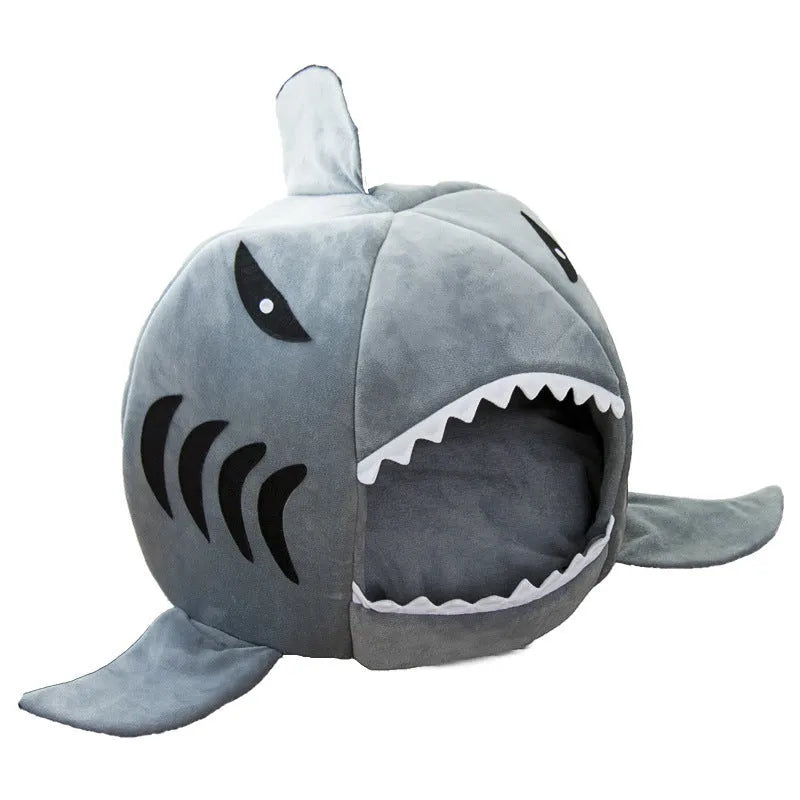 Grey shark-shaped pet bed for small dogs and cats with enclosed den design