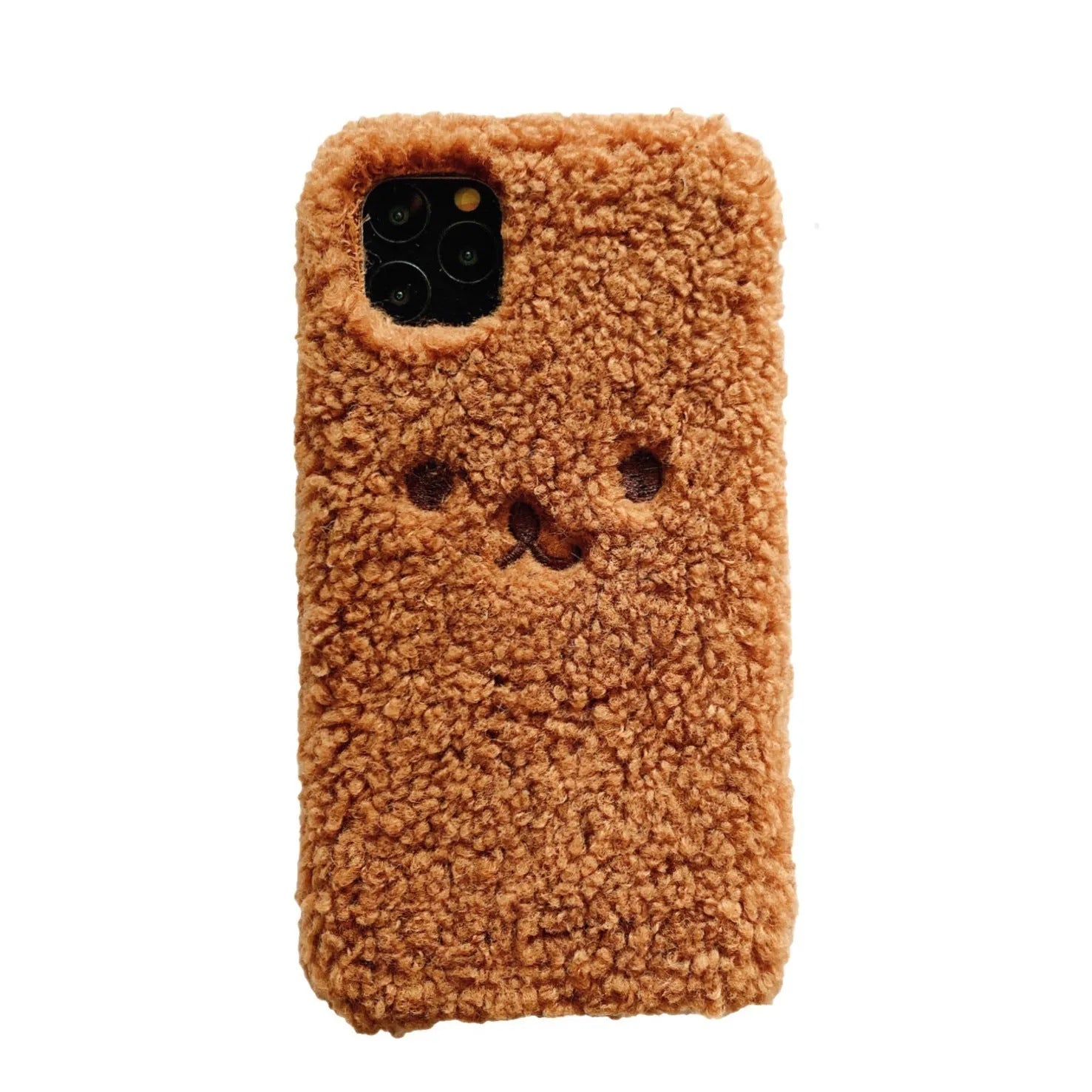 Soft brown TPU iPhone case with an embroidered plush cartoon bear face design on the back.