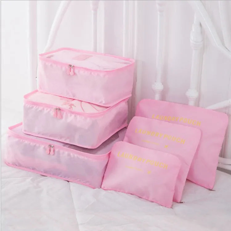 6 PCS travel storage bag set in polyester with handbag shape, multiple colour options for clothes and cosmetic organisation