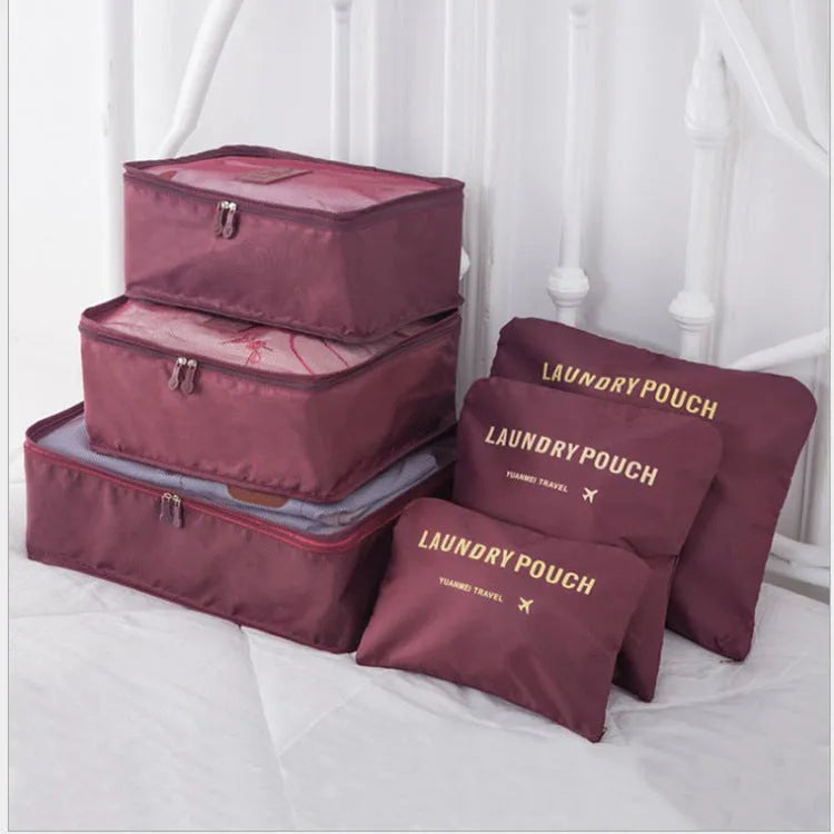 6 PCS travel storage bag set in polyester with handbag shape, multiple colour options for clothes and cosmetic organisation