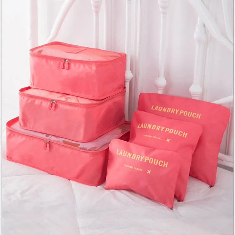 6 PCS travel storage bag set in polyester with handbag shape, multiple colour options for clothes and cosmetic organisation