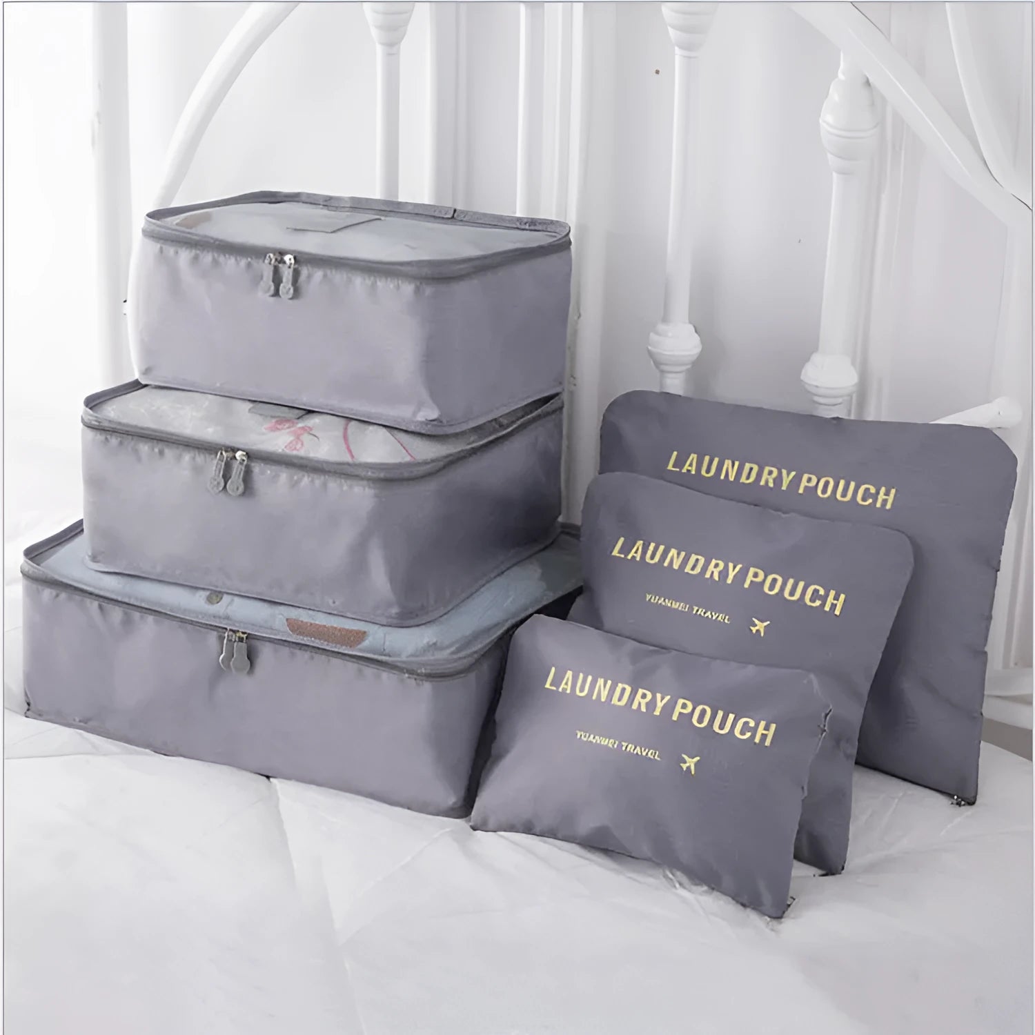 6 PCS travel storage bag set in polyester with handbag shape, multiple colour options for clothes and cosmetic organisation