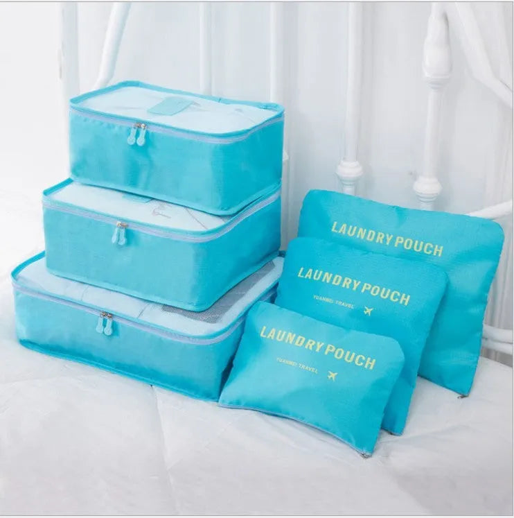 6 PCS travel storage bag set in polyester with handbag shape, multiple colour options for clothes and cosmetic organisation