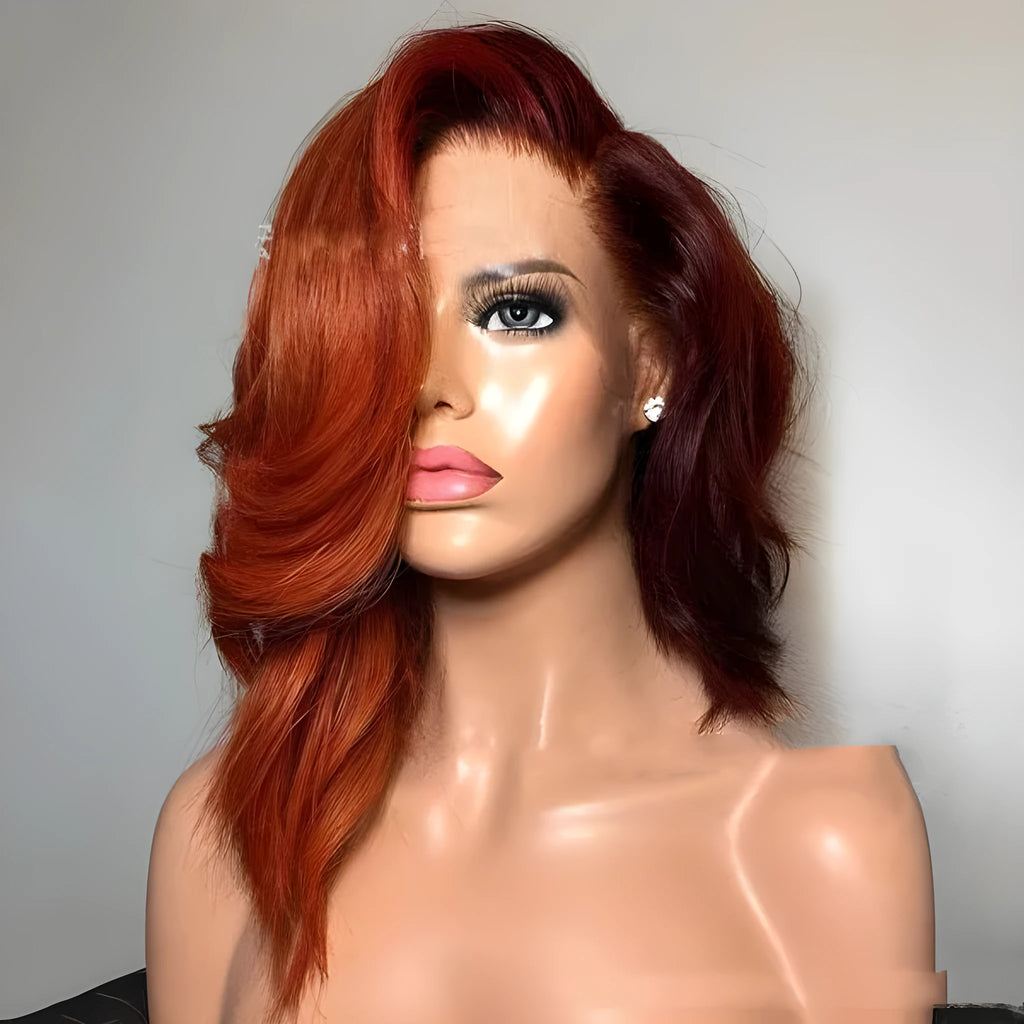 Short wavy brown synthetic wig for women with long side part bangs, 50cm length, heat resistant fibre