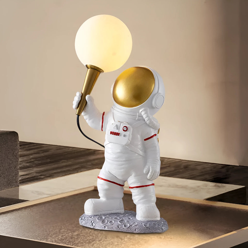 White astronaut desk lamp in three styles: seated, standing, and wall-mounted children's night light