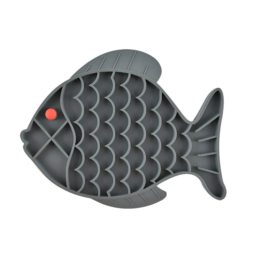 Fish-shaped silicone dog slow food licking plate in blue, green, and grey colour options
