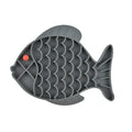 Fish-shaped silicone dog slow food licking plate in blue, green, and grey colour options