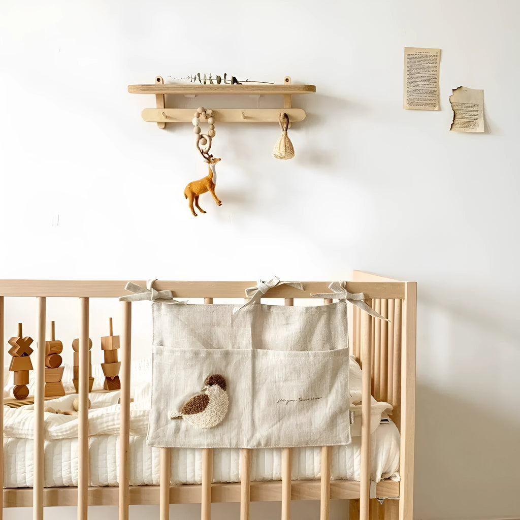 Khaki cotton linen hanging storage bag with single pocket designed for bedside organisation