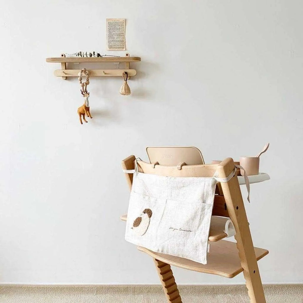 Khaki cotton linen hanging storage bag with single pocket designed for bedside organisation