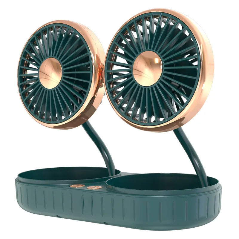 Double-headed USB car fan with green gold ABS body and silicone hose multi-angle rotation on dashboard
