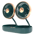 Double-headed USB car fan with green gold ABS body and silicone hose multi-angle rotation on dashboard