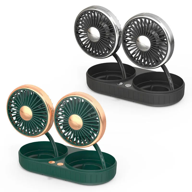Double-headed USB car fan with green gold ABS body and silicone hose multi-angle rotation on dashboard
