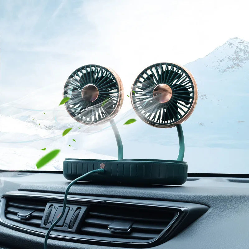 Double-headed USB car fan with green gold ABS body and silicone hose multi-angle rotation on dashboard