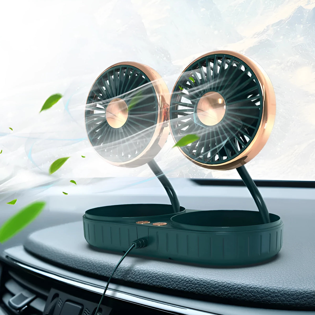 Double-headed USB car fan with green gold ABS body and silicone hose multi-angle rotation on dashboard