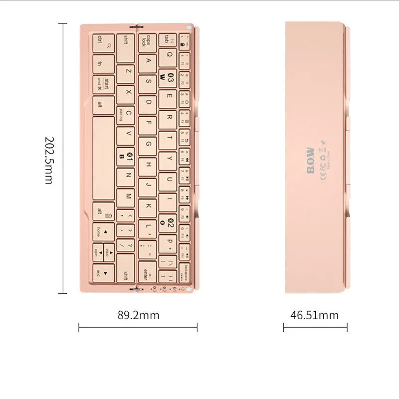 Folded aluminium Bluetooth keyboard showing compact size next to unfolded version with tablet on stand
