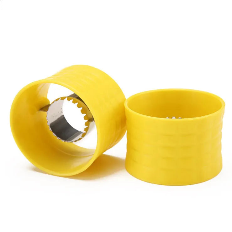 Yellow manual corn grinder thresher with corn-shaped design and stainless steel peeling gear.