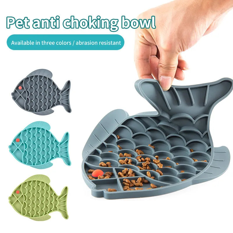 Fish-shaped silicone dog slow food licking plate in blue, green, and grey colour options