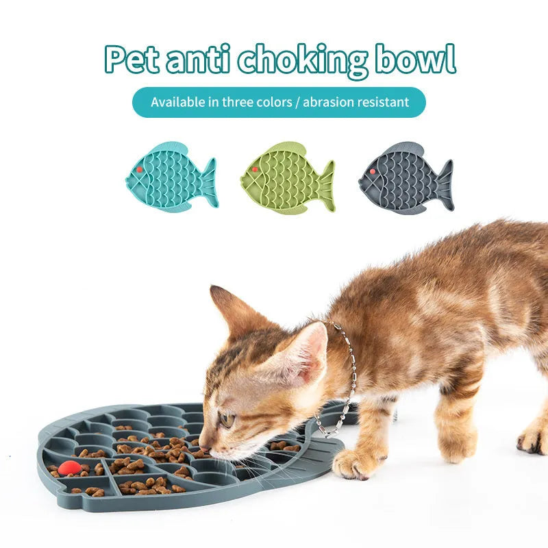 Fish-shaped silicone dog slow food licking plate in blue, green, and grey colour options
