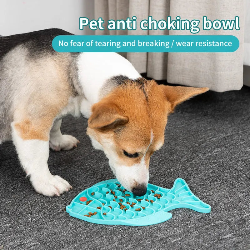 Fish-shaped silicone dog slow food licking plate in blue, green, and grey colour options