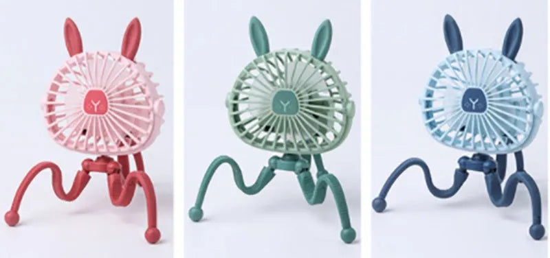 Pink USB rechargeable octopus stroller fan with flexible legs attached to a baby pushchair