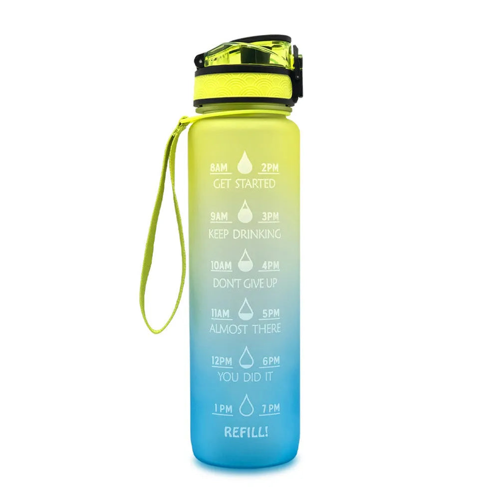 Blue and red gradient 1 litre Tritan sports water bottle with time markers and a black flip-top lid.