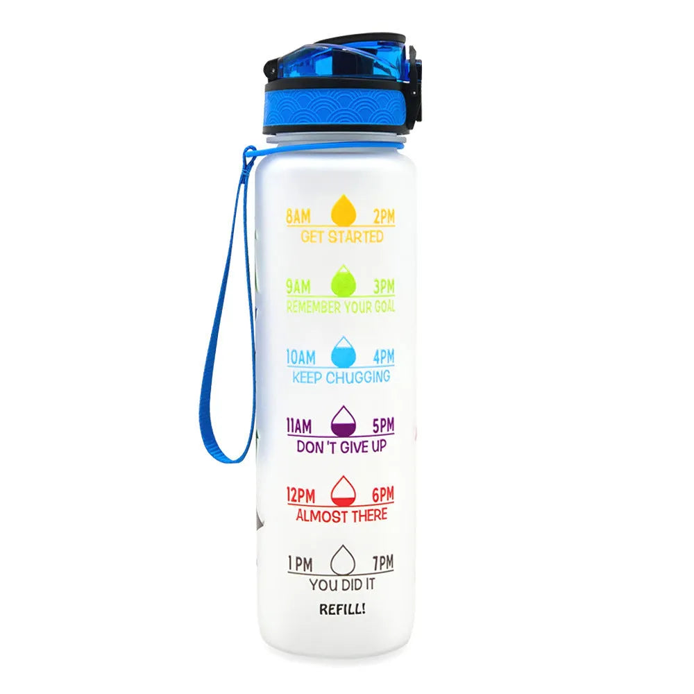 Blue and red gradient 1 litre Tritan sports water bottle with time markers and a black flip-top lid.