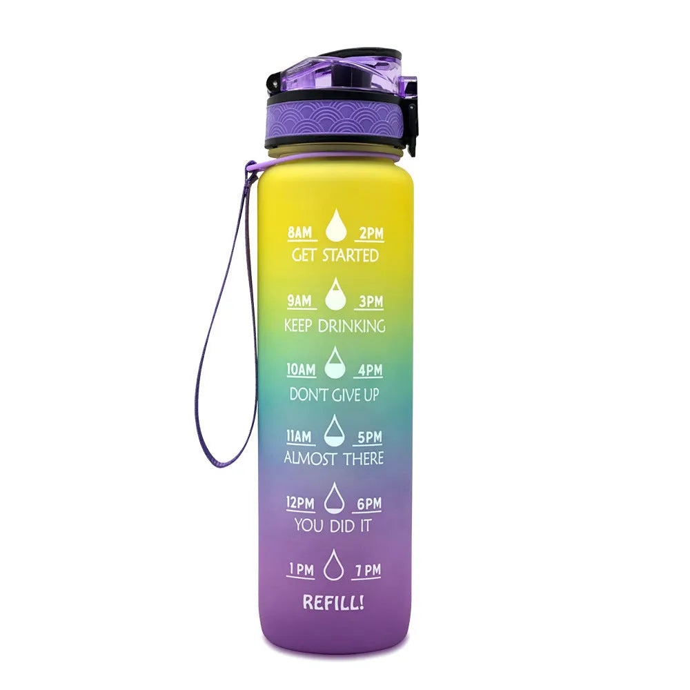Blue and red gradient 1 litre Tritan sports water bottle with time markers and a black flip-top lid.