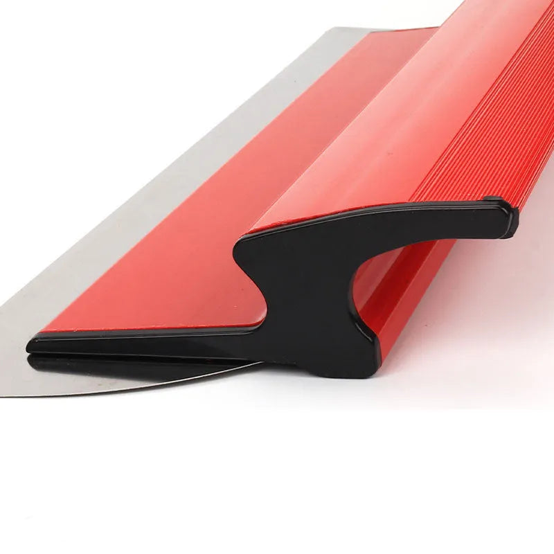 Red 40cm long levelling scraper tool for putty scraping and wallpaper work