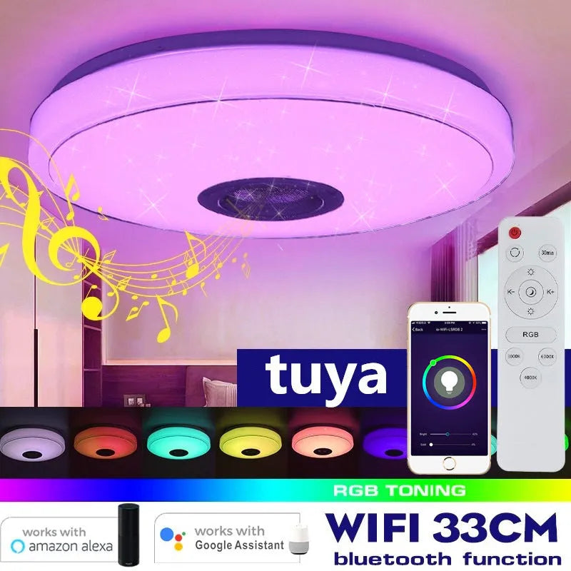 Tuya WiFi smart ceiling light with round acrylic shade in high-side silver finish, 33cm diameter, for living room or bedroom