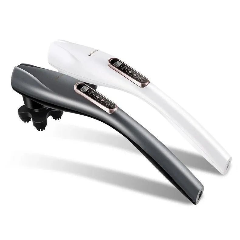 Electric handheld massager with long anti-slip handle, six heads, ABS plastic body, grey or white colour option