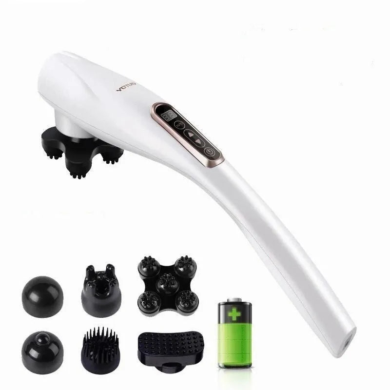 Electric handheld massager with long anti-slip handle, six heads, ABS plastic body, grey or white colour option