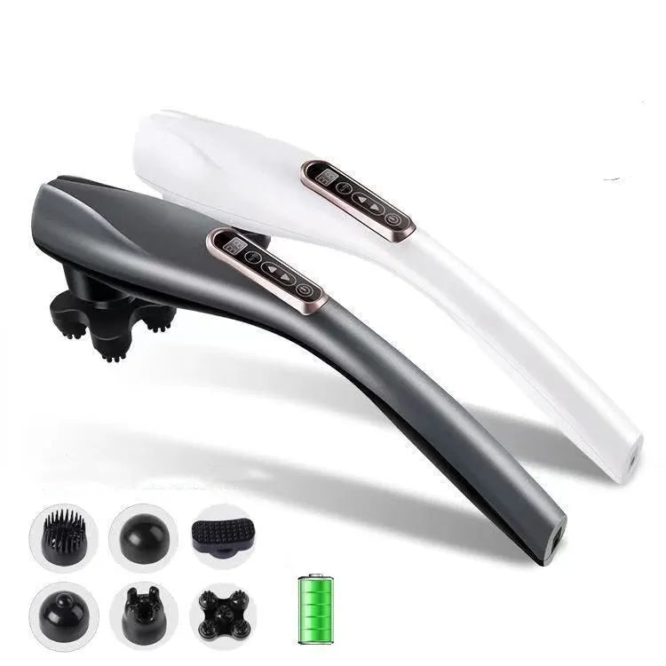 Electric handheld massager with long anti-slip handle, six heads, ABS plastic body, grey or white colour option