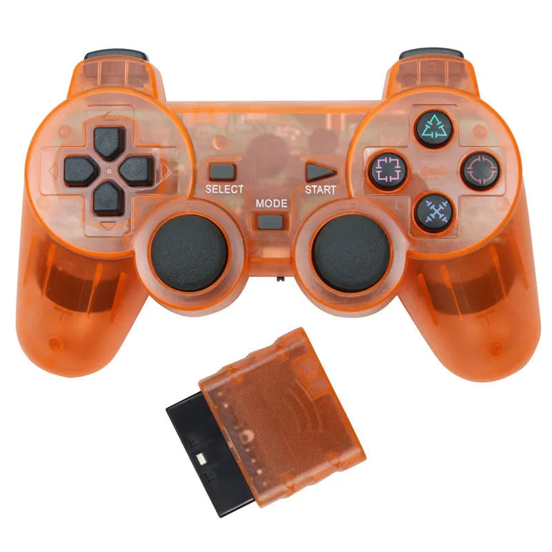 PS2 wireless game controller in one of seven colours: black, blue, green, orange, purple, red, or white.