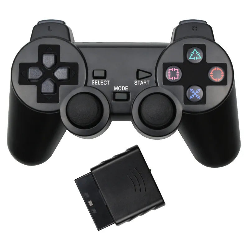 PS2 wireless game controller in one of seven colours: black, blue, green, orange, purple, red, or white.