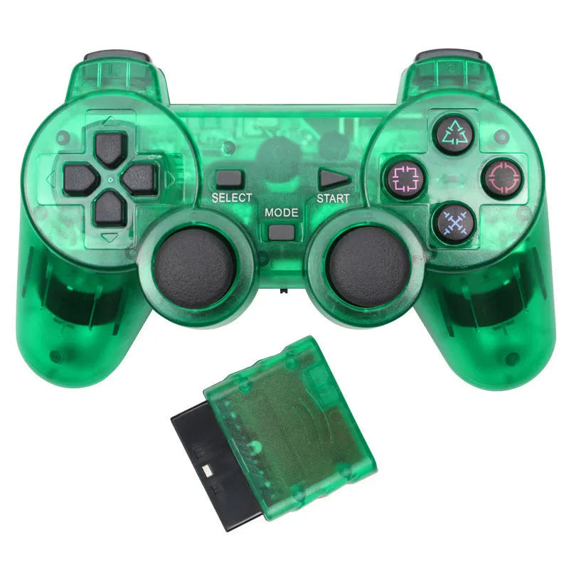 PS2 wireless game controller in one of seven colours: black, blue, green, orange, purple, red, or white.
