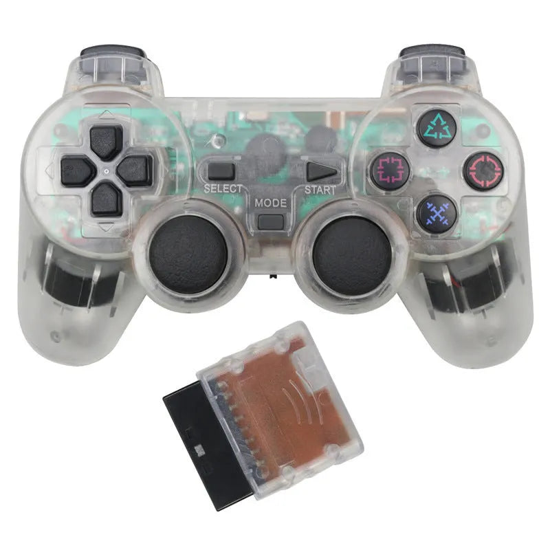 PS2 wireless game controller in one of seven colours: black, blue, green, orange, purple, red, or white.