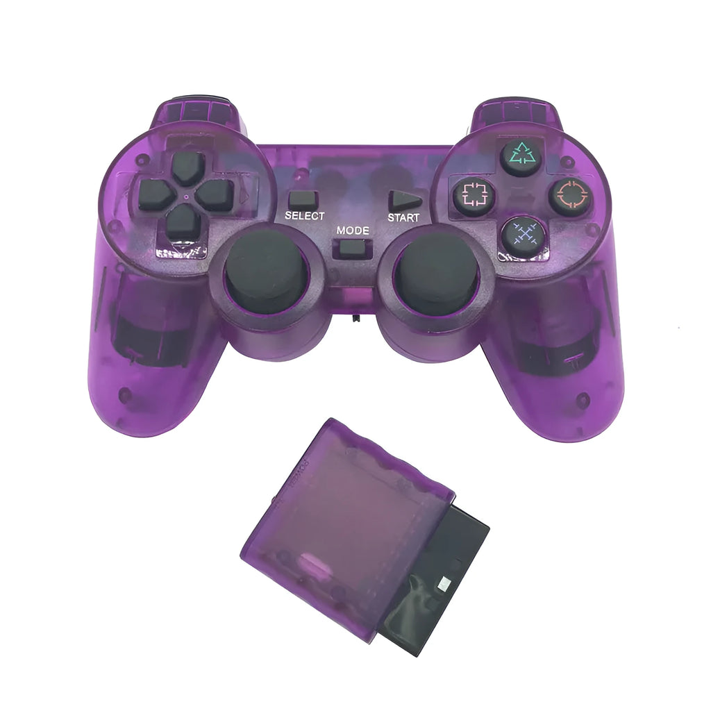 PS2 wireless game controller in one of seven colours: black, blue, green, orange, purple, red, or white.