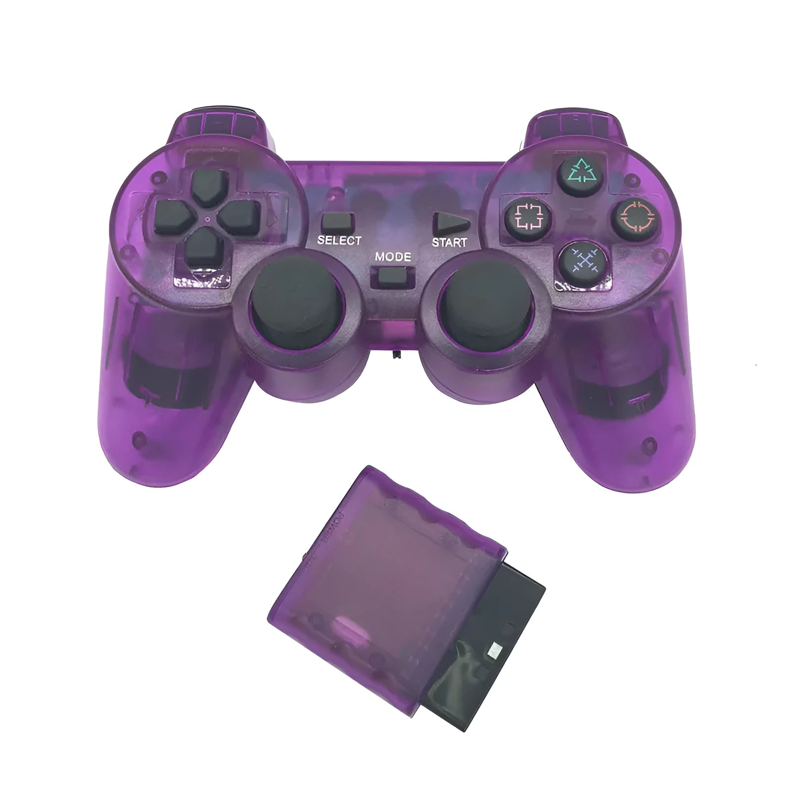 PS2 wireless game controller in one of seven colours: black, blue, green, orange, purple, red, or white.