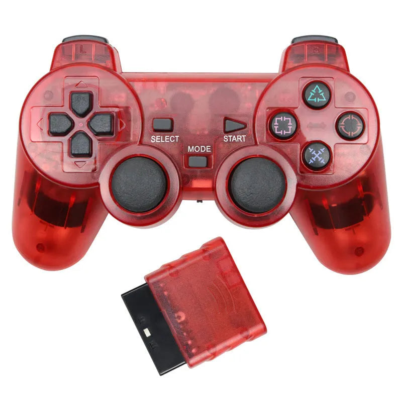 PS2 wireless game controller in one of seven colours: black, blue, green, orange, purple, red, or white.