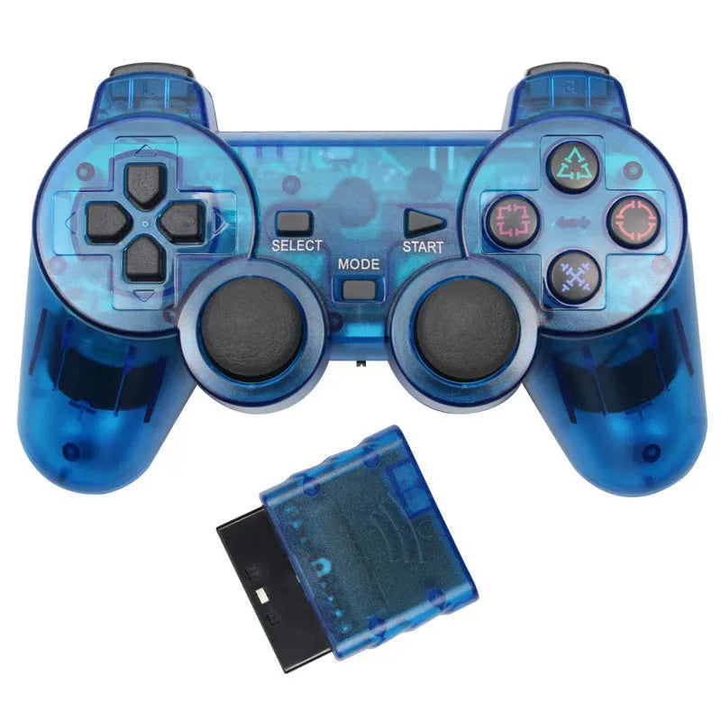PS2 wireless game controller in one of seven colours: black, blue, green, orange, purple, red, or white.