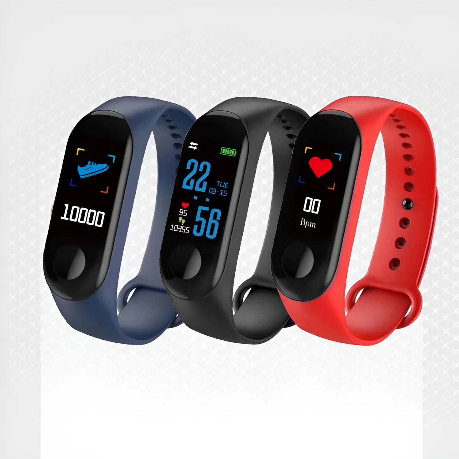 M3 smart bracelet with colour screen on a wrist, showing heart rate data.