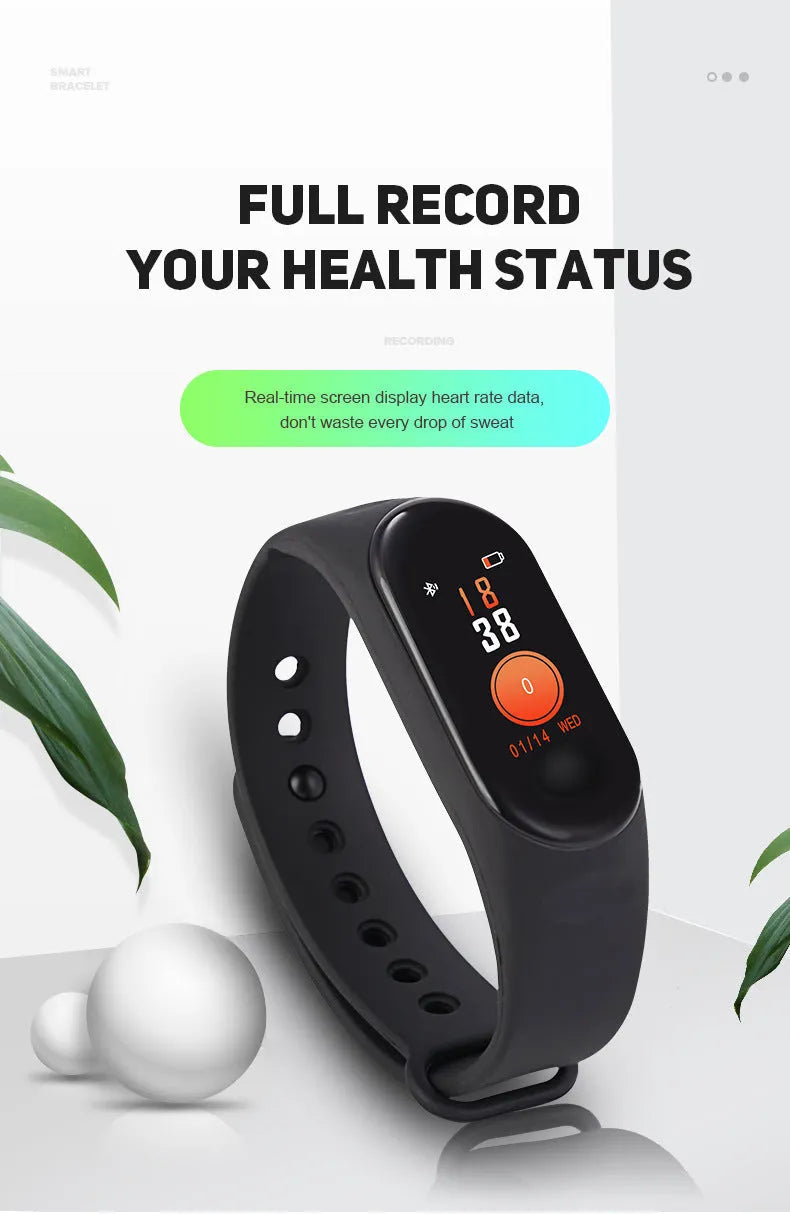 M3 smart bracelet with colour screen on a wrist, showing heart rate data.