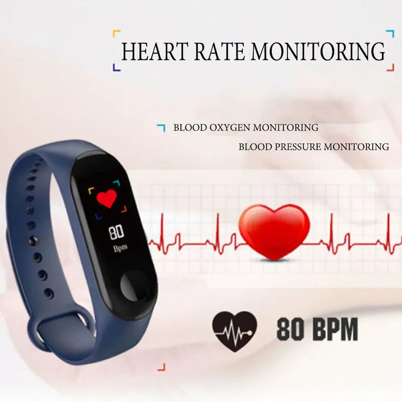 M3 smart bracelet with colour screen on a wrist, showing heart rate data.