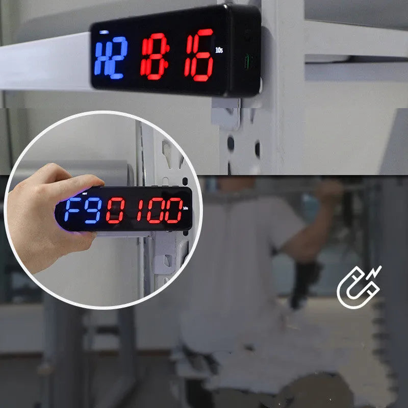 Fitness exercise timer with magnetic suction mount and 1-inch plastic display showing seconds
