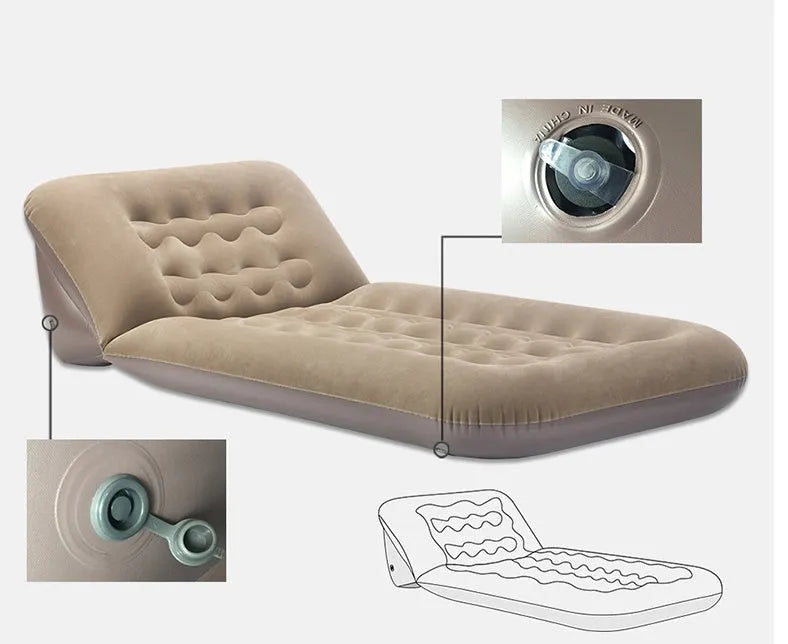 Black inflatable car travel bed sofa with flocking cloth and PVC, built-in pump and USB port