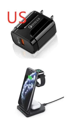Foldable 3-in-1 wireless charger for phone, headphones and watch showing charging pads and 120cm USB cable