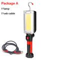 Red USB rechargeable COB LED flashlight with magnetic base shown on a metal surface.